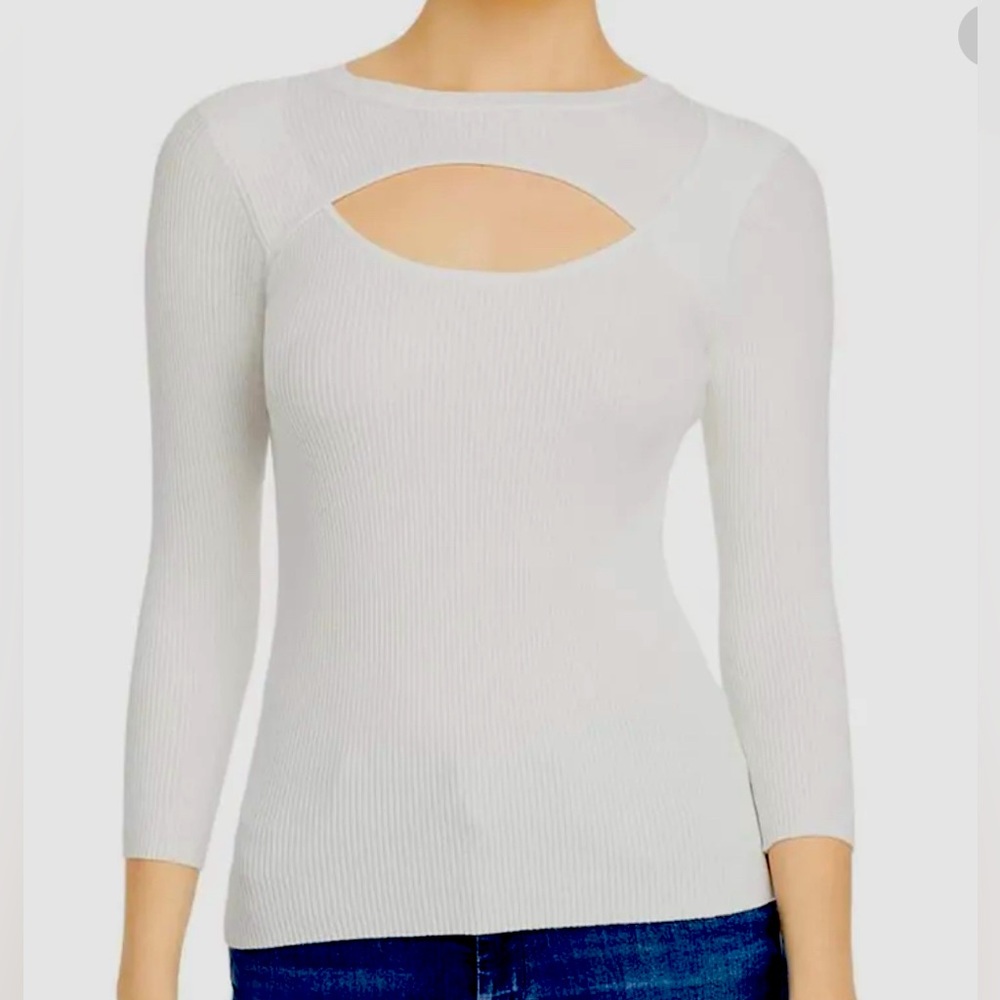 T Tahari Womens White Cutout Ribbed Crew-Neck Long Sleeve Blouse Top (NWT)